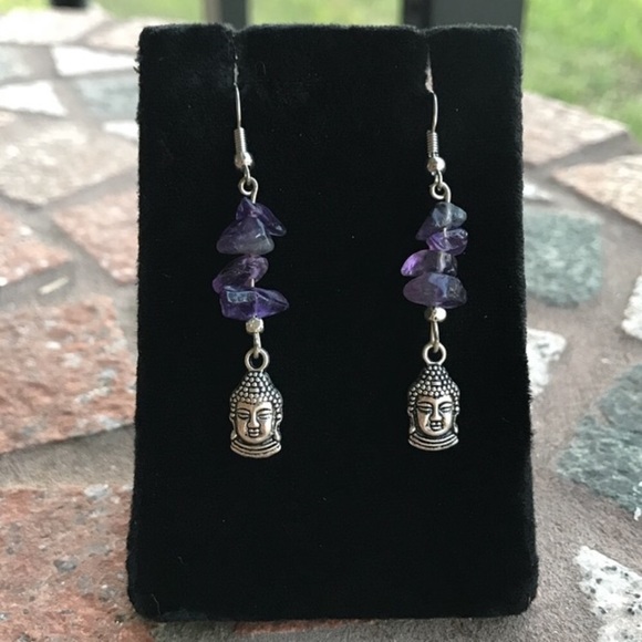 Handmade dangly earrings Amethyst chips buddha charm steel post boho gemstones - Picture 4 of 8